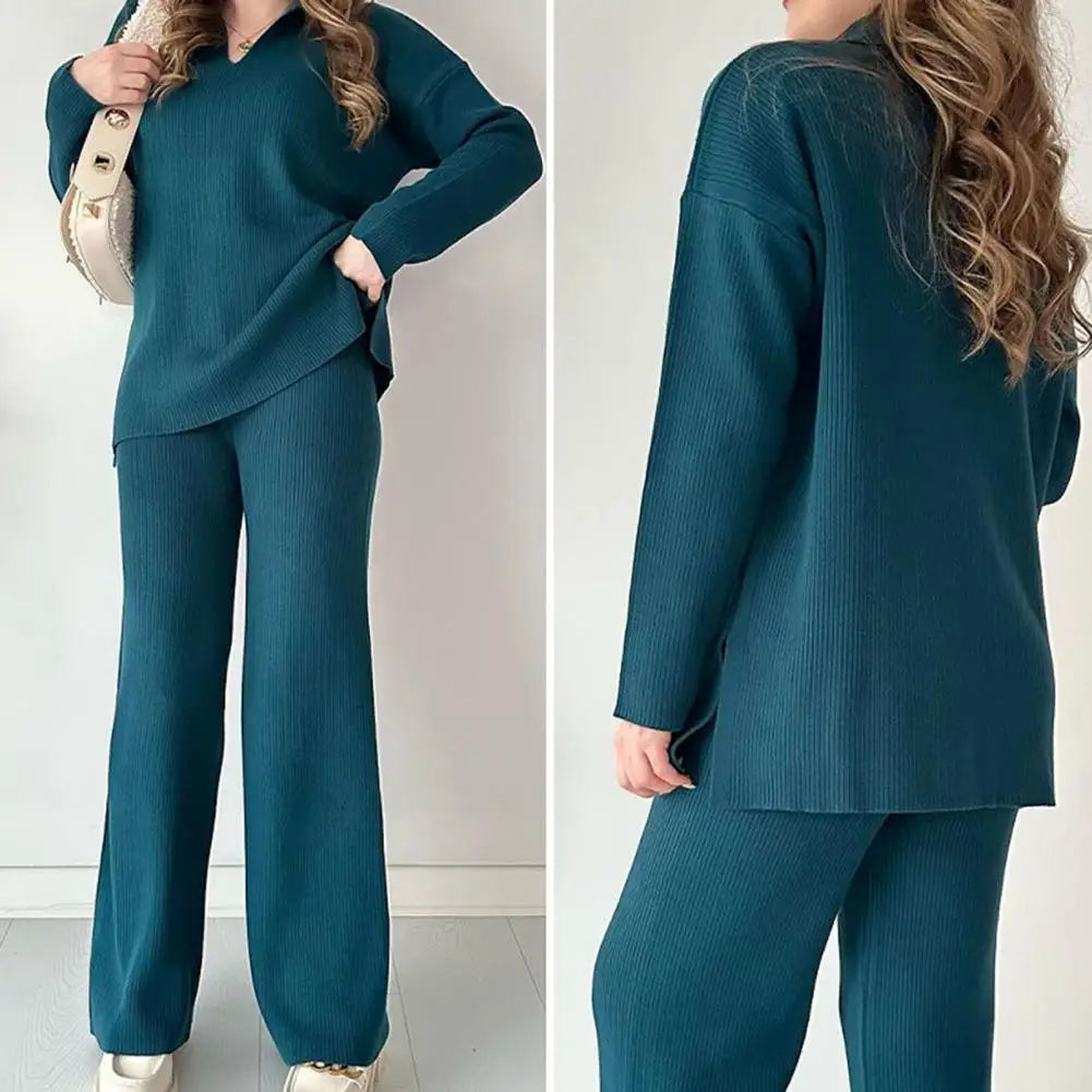 Women Two-piece Suit Cozy Knitted Women's Pajama Set with V Neck Top Wide Leg Trousers for Fall Winter Loungewear Collection