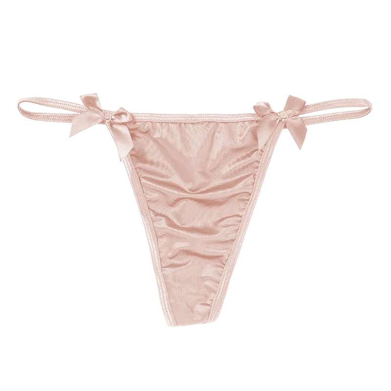 Hot Ice Silk Sexy Panties Metal Chain Briefs Thongs Women's Underwear Seamless Bow G-string Solid Color Female Lingere pink 1pc