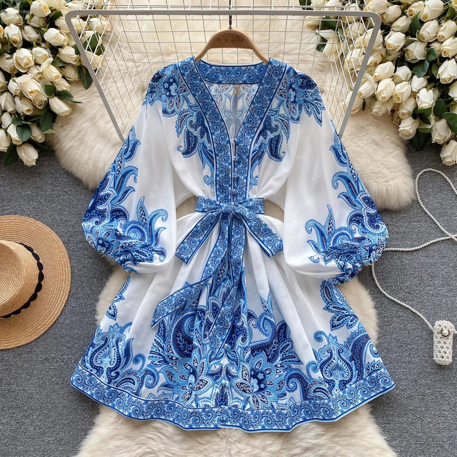 Vintage Print Elegant Puff Sleeve A-line Vneck Mini Dress Casual Women Fashion Autumn Spring Dress