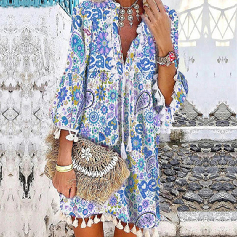 Women Vintage Print V Neck Tassel Mini Dress Casual Loose Three Quarter Sleeve Beach Dress 2024 Spring Summer Party Dress Femme 12