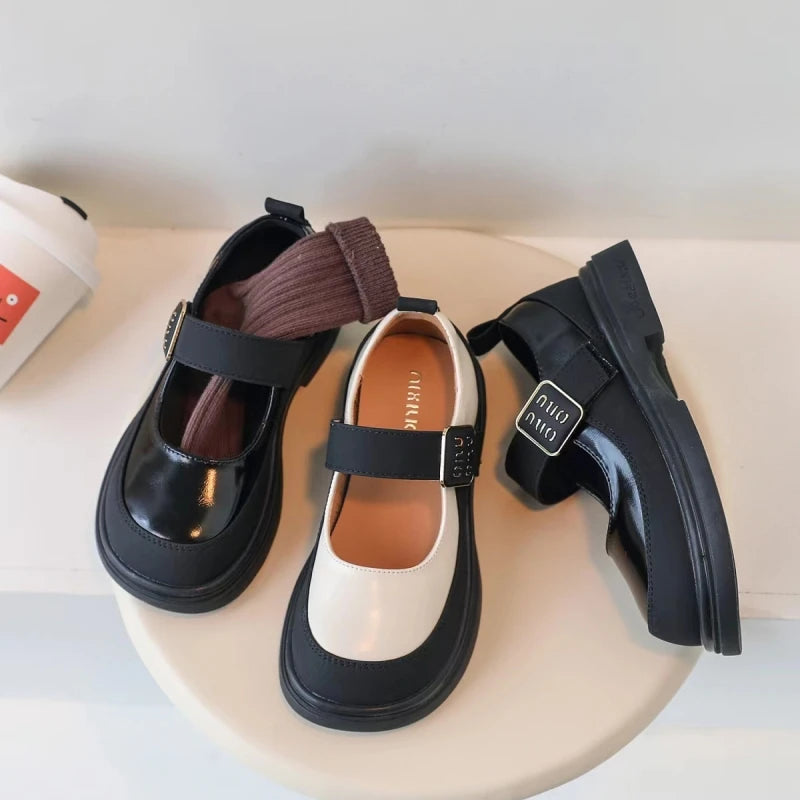 Girls' Leather Shoes Spring and Autumn New Children's British Fashion Temperament Princess Black Patchwork Campus Single Shoe