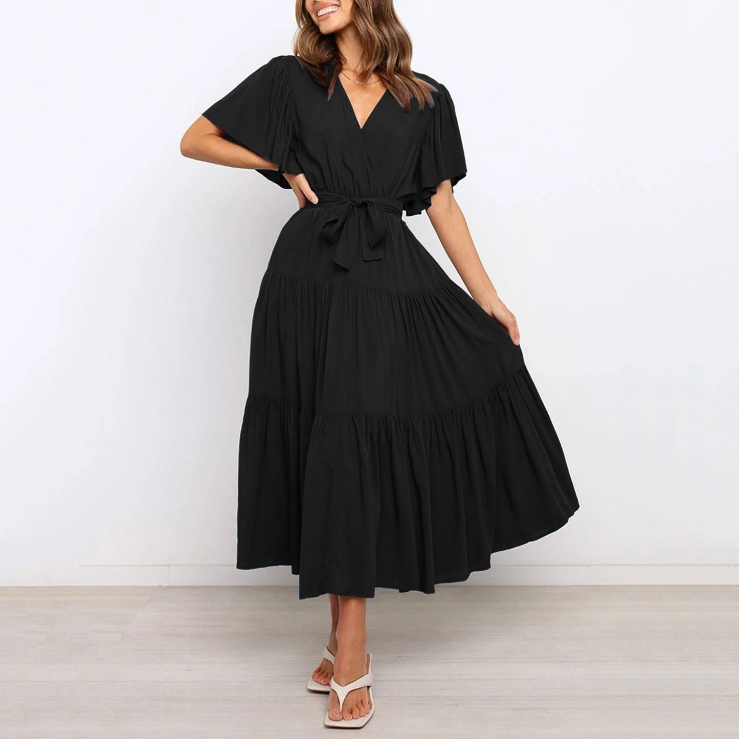 Women Chiffon Dress 2024 Summer Lace-Up Butterfly Sleeve Casual Ruffle V-Neck Fashion Party Vestidos Sexy Bohemian Robe Femme