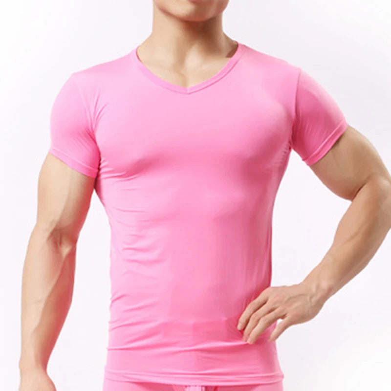 Super thin Muscle men's cool summer casual fitness v-neck short t-shirts modal cotton obesity man t-shirt Hot pink