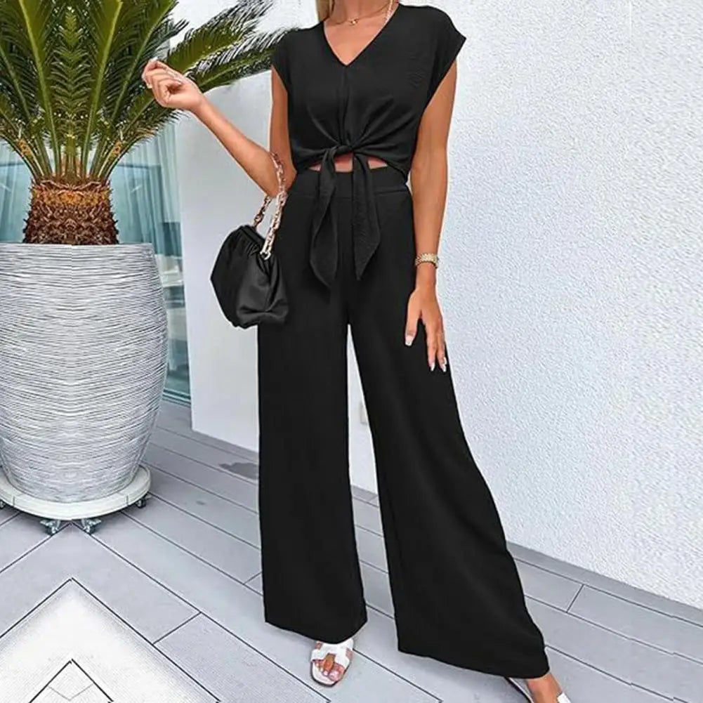 Women Top Pants Suit Elegant Lace-up Knot Women's Top Pants Set for Office Wear V Neck Short Sleeves Solid Color High for Women