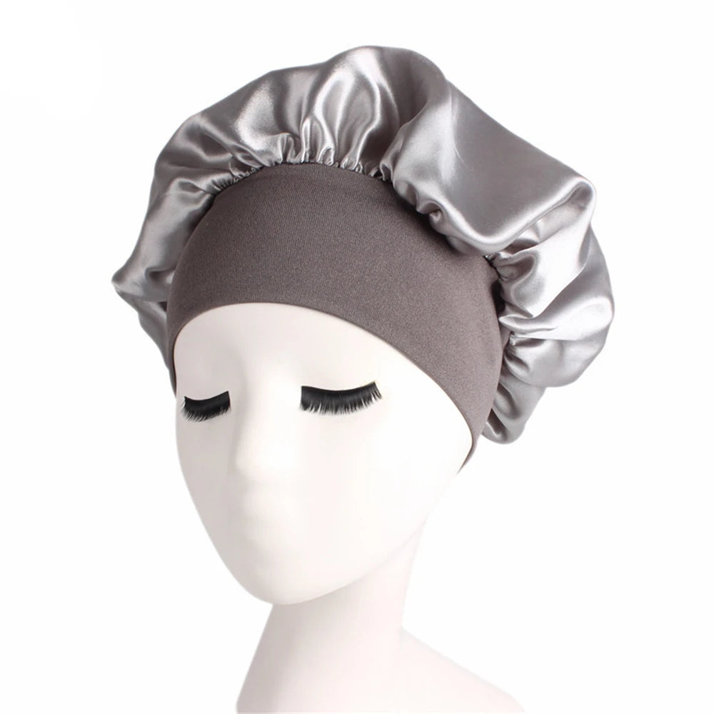 Newly Women's Satin Solid Sleeping Hat Night Hair Care Bonnet Nightcap For Women Men Unisex Cap gray