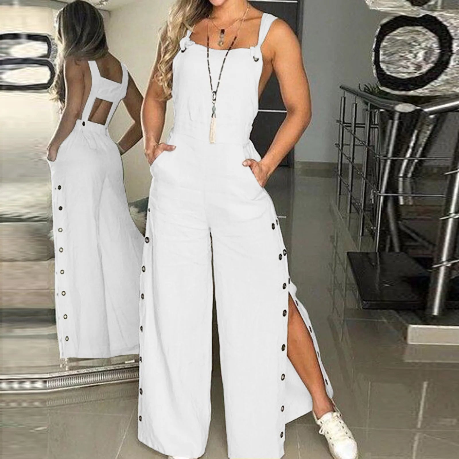 Button Overalls for Women Summer Jumpsuit Solid Casual Openings Button Wide Leg Suspender Pants Overalls with Pockets White