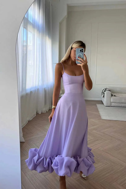 Elegant Ruffle Solid Sling Long Dress Women Strap Waist Party Dresses Fashion Sleeveless Backless Beach Swing skirt A-line tutu Lavender