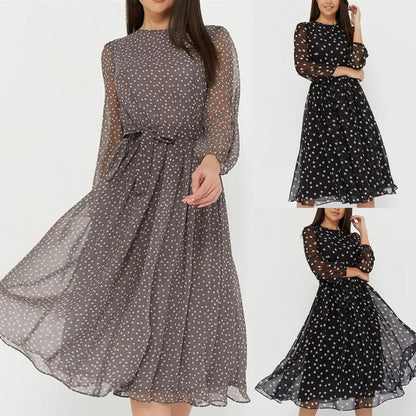 Women Dress Dot Print Lace-up Spring Summer Vintage Large Hem Loose Maxi Dress for Beach Women's Clothing