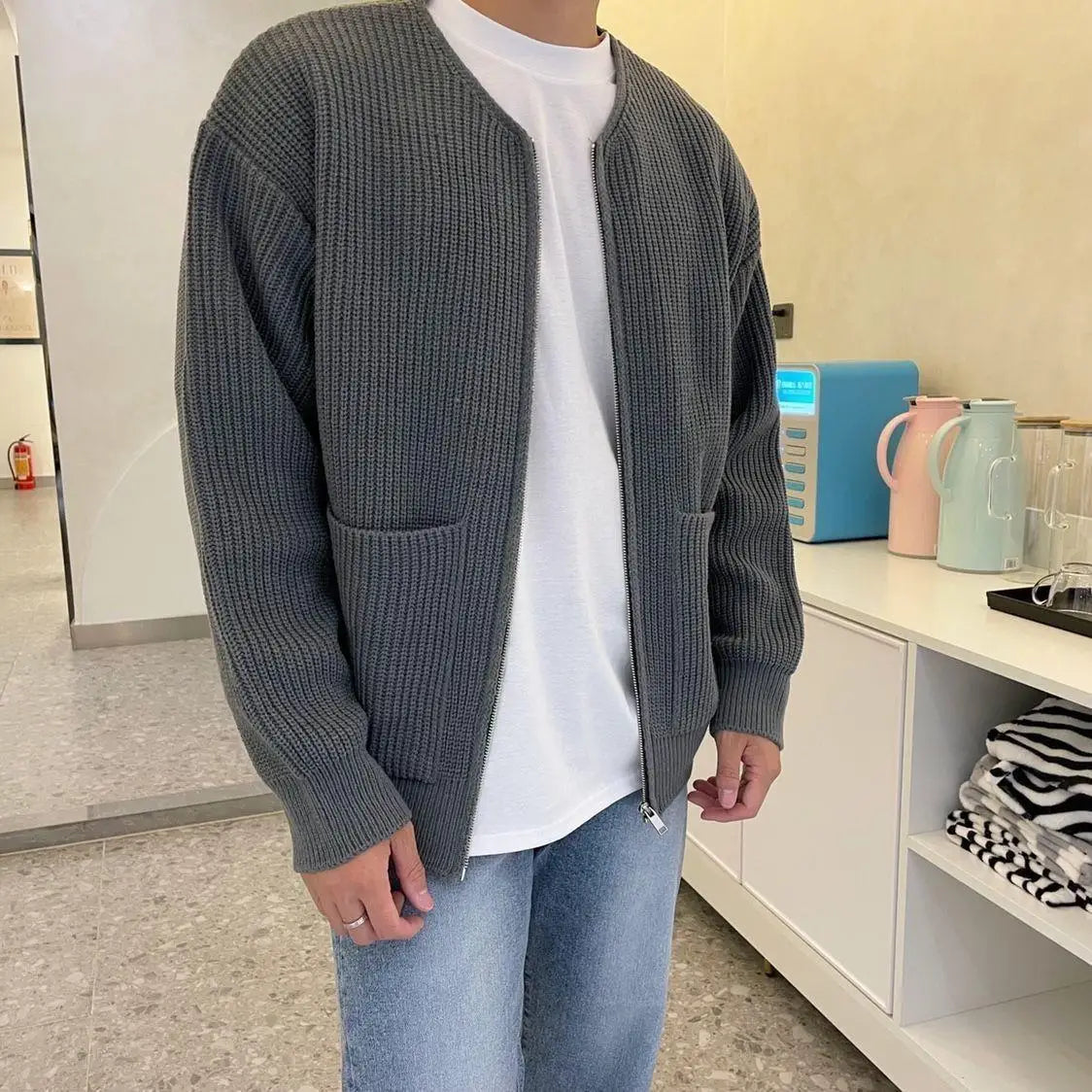 Men's Solid Color Slim-Fit Cardigan Zipper Sweater Autumn and Winter Sweater Coat Top Men Long Sleeve Stand Collar Sweater Coat