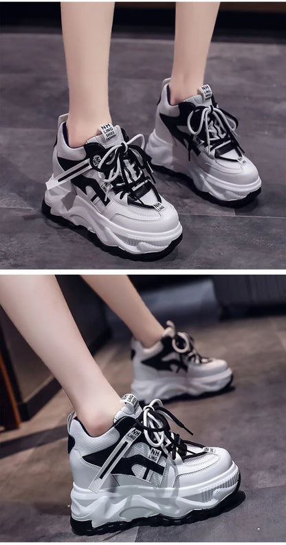 Fashion Flower Embroidered Mesh Breathable Ladies Wedge Platform Sneakers High Heels Lace-Up Shoes Comfortable Height Increasing