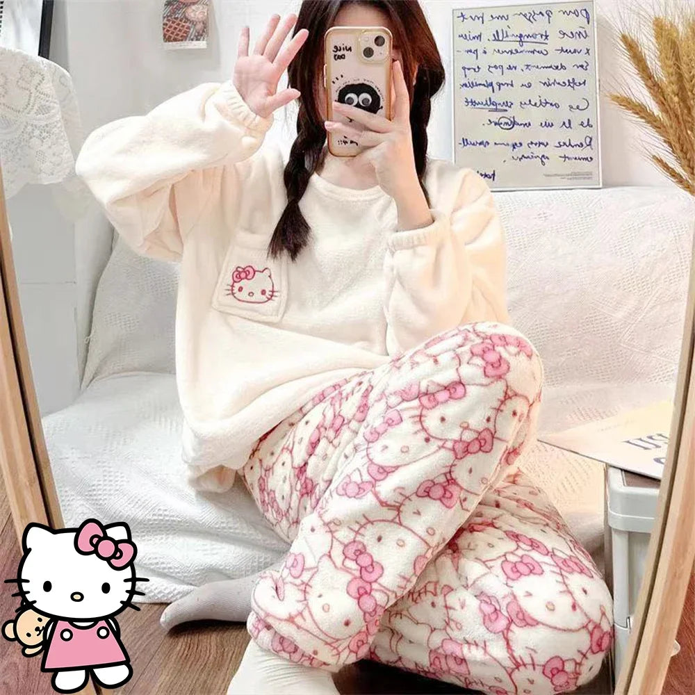 Kawaii Hello Kitty 2Pcs Plush Pajama Set Sanrioed Pochacco Cartoon Anime Winter Women Homewear Winter Thicken Girls Keep Warm