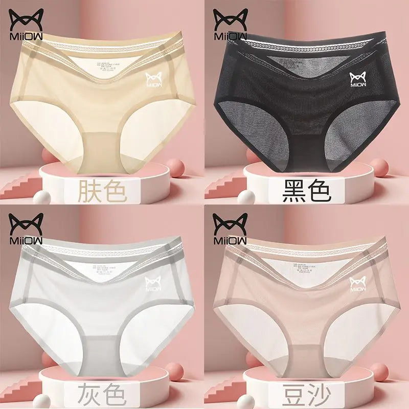 Cat Man 3/4 Ice Silk Women's Underwear Women's Antibacterial Cotton Crotch Adult Traceless Mid rise Silk Slippery New Briefs 4 piecesA 3pcs