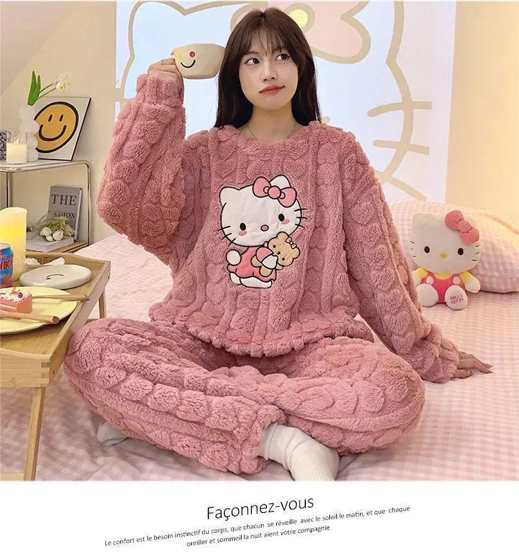 Kawaii Hello Kitty 2Pcs Plush Pajama Set Sanrioed Pochacco Cartoon Anime Winter Women Homewear Winter Thicken Girls Keep Warm