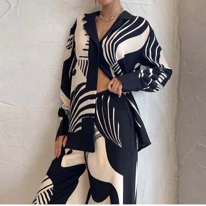 Women Digital Print 2 Piece Set Chic Lapel Long Sleeved Blouse Top Loose Straight Leg Pants Suit Fashion Streetwear Outfits 2023 black