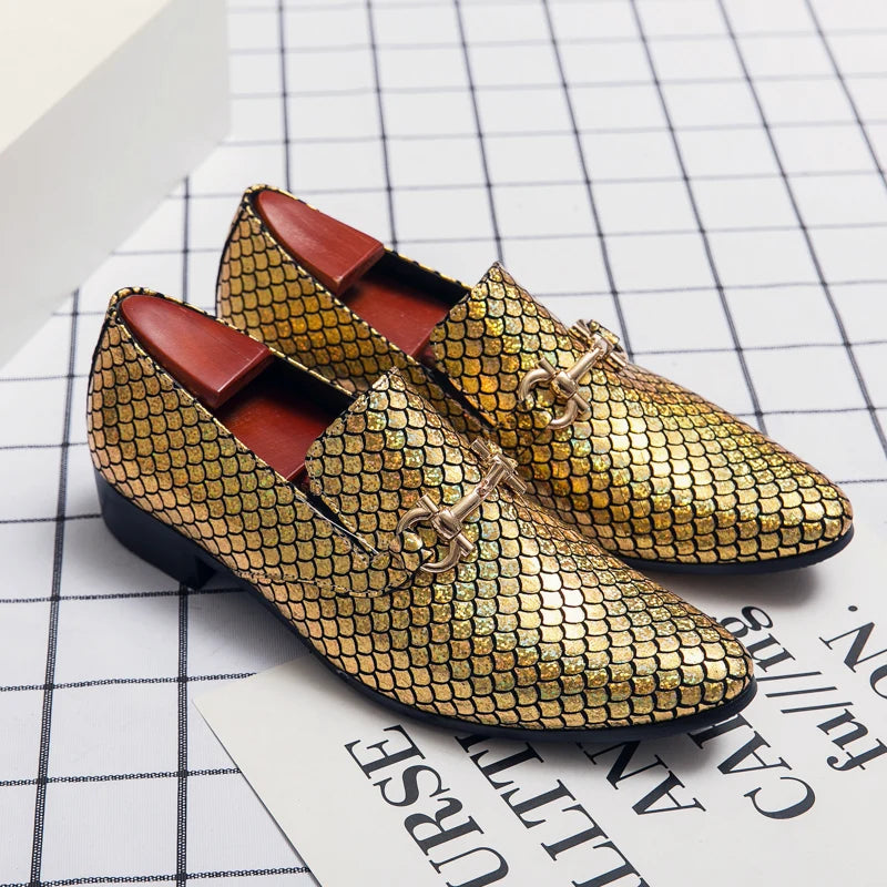 High End Banquet Dress Shoes Men's Suits Luxurious Golden Wedding Shoes Pointed Men's Genuine Leather Shoes Big Size：38-48