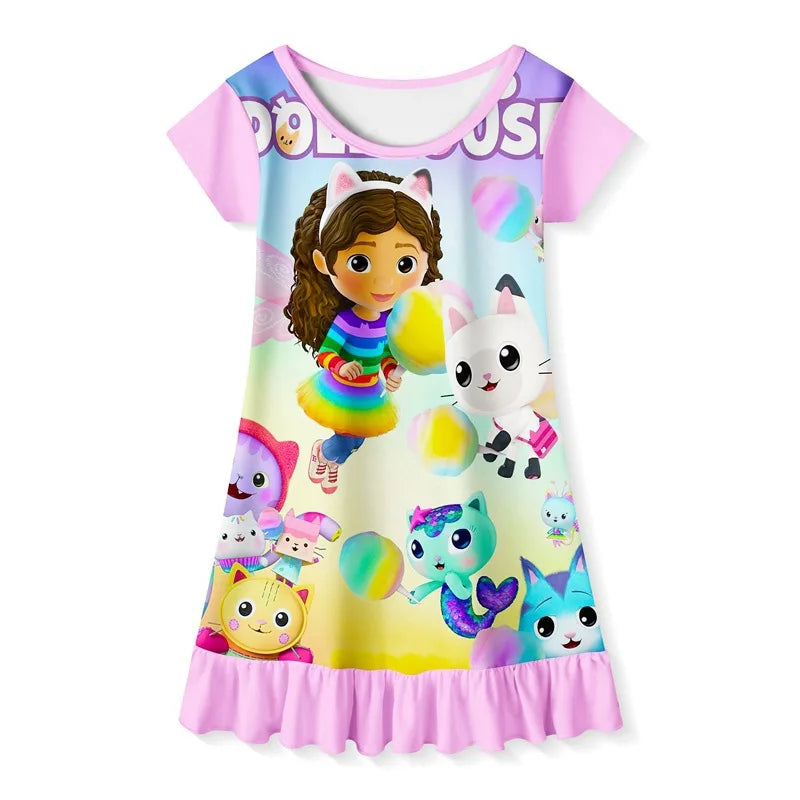 Gabby's Dollhouse Clothes Baby Girls Short Sleeve Pajamas Dress Kids Cartoon Gabby Cats Nightgown Child Party Princess Vestidos color at picture 3