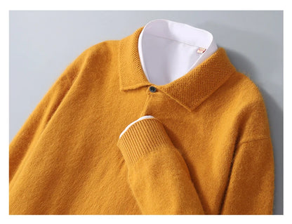 Men's Shirt 100% Mink Cashmere Sweater Casual Business POLO Collar Pullover Autumn Winter Warm Knit Base Shirt Men's Clothing