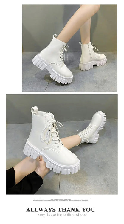 Rimocy Chunky Platform White Ankle Boots Women Autumn Winter Pu Leather Combat Booties Mujer Punk Thick Bottom Motorcycle Boots