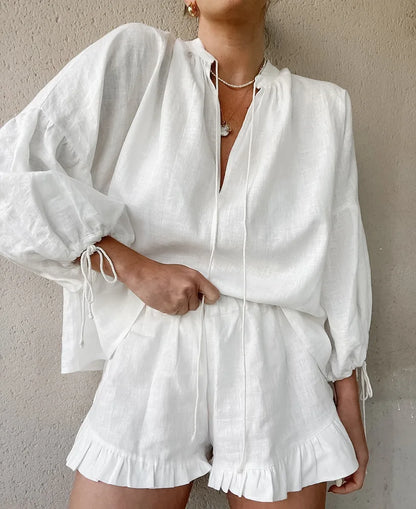 Women Casual 2 Piece Set Cotton Linen Long Sleeve Lace Up Blouse Shirts and Shorts Suit 2024 Summer White Chic Suit Outfits