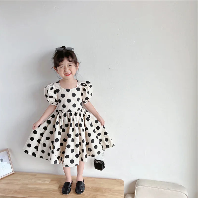 Summer Girls Dresses European And American Style Polka Dot Tie Waist Princess Dress 2024 Baby Kids New Children'S Clothing