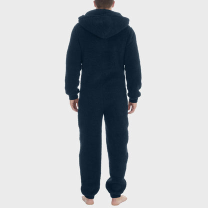 Winter Men Artificial Wool Jumpsuit Pajamas Fleece Warm Men Drawstring Bodysuit Sleepwear Solid Color Zipper Loose Hooded