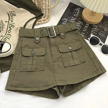 Designer Fake Two-piece Skirts Shorts Women Autumn and Winter High-waisted Y2K A-line Belt Shorts Women's Outwear Cargo Shorts Army green