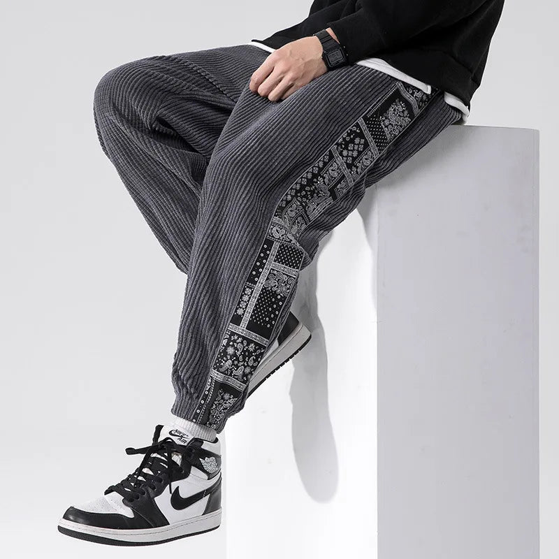 DUYIT Chinese Style Printed Stitching Corduroy Men's Casual Pants Autumn/Winter New Elastic Waist Small Feet Sweatpants