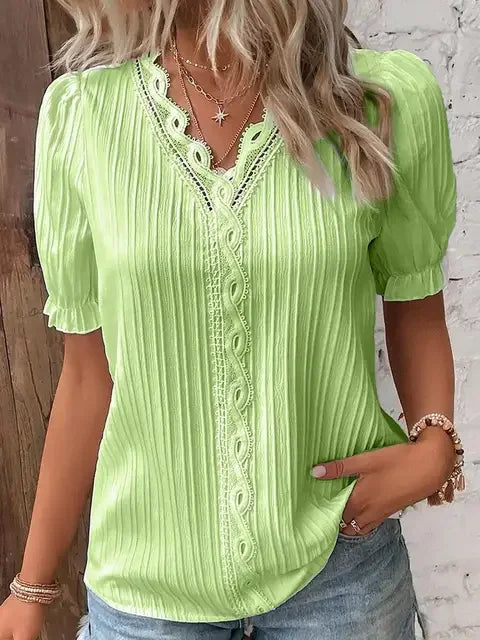 2024 Summer New Women's Blouse Top Solid Sexy V-Neck Hollow Short Sleeve Fashion Splice Plus Size Loose Street Apparel Shirt Yellow