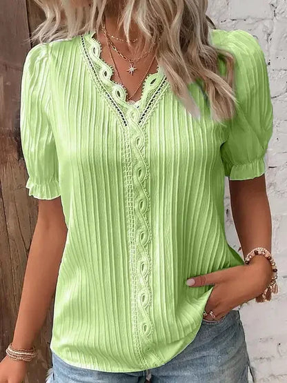 2024 Summer New Women's Blouse Top Solid Sexy V-Neck Hollow Short Sleeve Fashion Splice Plus Size Loose Street Apparel Shirt Yellow