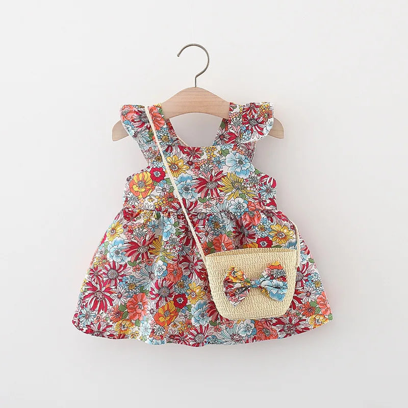 Summer Baby Girl's Dress New Vintage Garden Flower Flying Sleeve Dress with Straw Bag Red