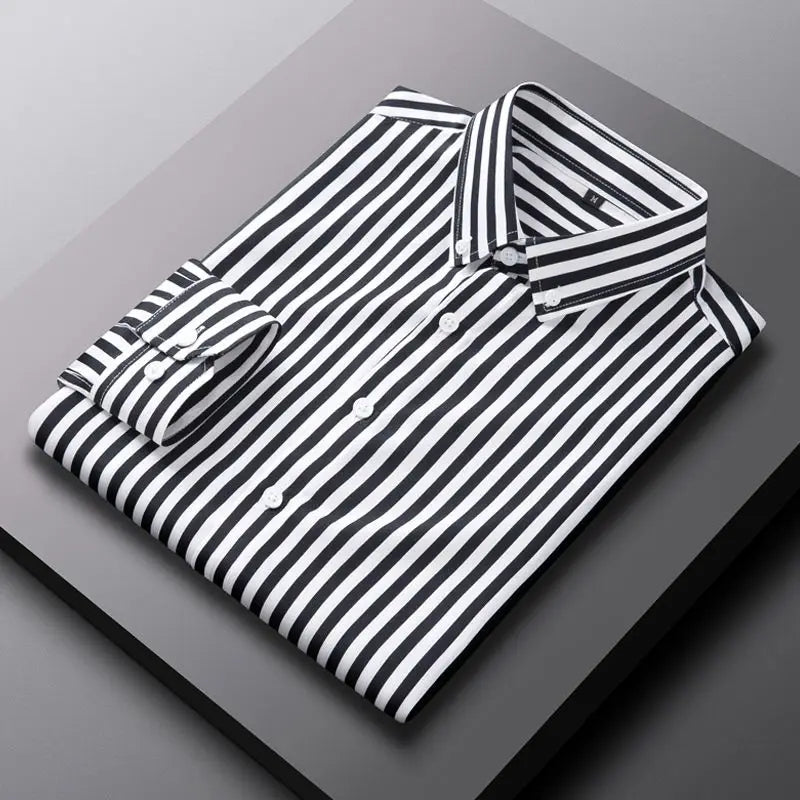 Fashion Lapel Button Loose Korean Striped Shirts Men Clothing 2023 Autumn New Oversized Casual Tops Long Sleeve All-match Shirt