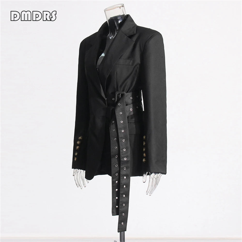 High Street Women's Suit Jacket, Fashionable Belt Notched Jacket for Women, Regular Fit Autumn Outfit