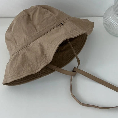 Korean Ins Lace-up Fisherman Hat Women Ins Blogger Lightweight Windbreak Windproof Rope Sunshade Basin Hat Sun Bucket Hat khaki One Size