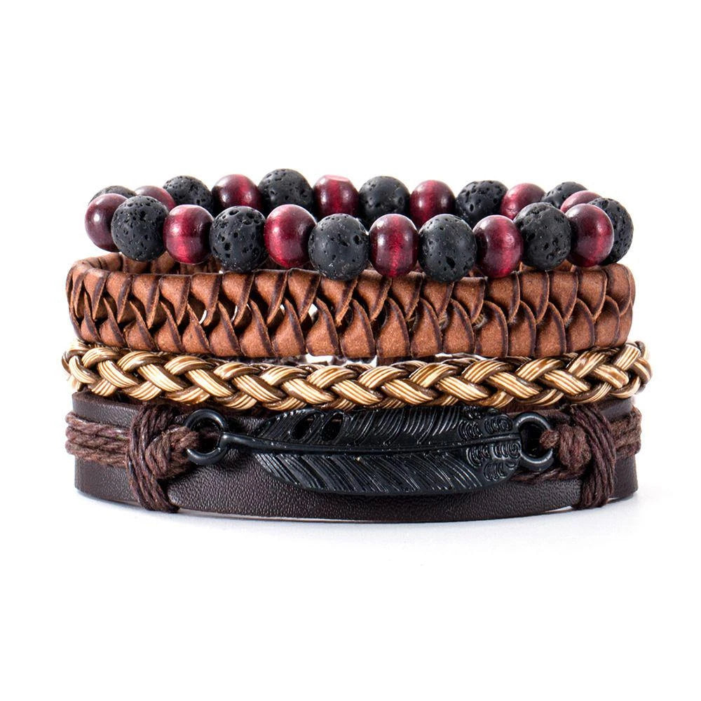 4Pcs/ Set Braided Wrap Leather Bracelets For Men Vintage Life Tree Rudder Charm Wood Beads Ethnic Tribal Wristbands 21