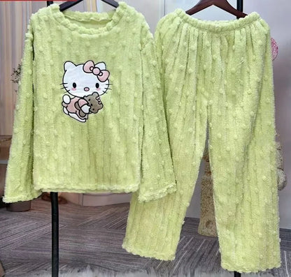 Hello Kitty Autumn Winter Fleecing Pajama Suit Warm Woolen Velvet Loungewear Set Top Elastic Waist Pants Women Sleepwear set