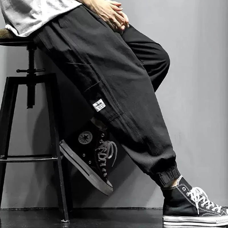 New Korean Fashion Men's Wide Leg Linen Loose Nine Point Cargo Pants Men Clothing Techwear Sweatpants Trousers Streetwear