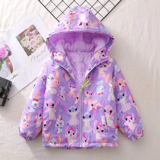 Cute Stitch Jackets For Girls Spring Children Cotton Padded Thickening Hooded Zipper Warm Outerwear Autumn Kids Casual Coats