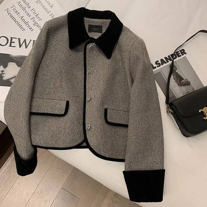 Women's 2022 New Autumn And Winter Plush Thickened Suit Coat Short Fashion Loose Versatile Grey Splice Casual Female Blazers