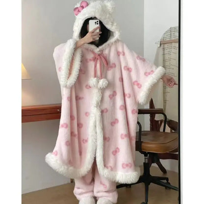 Sanrio Pajamas Hellokitty Nightgown Women's Coral Velvet Autumn and Winter Thickened Cloak Hello Kitty Pajamas Home Clothes