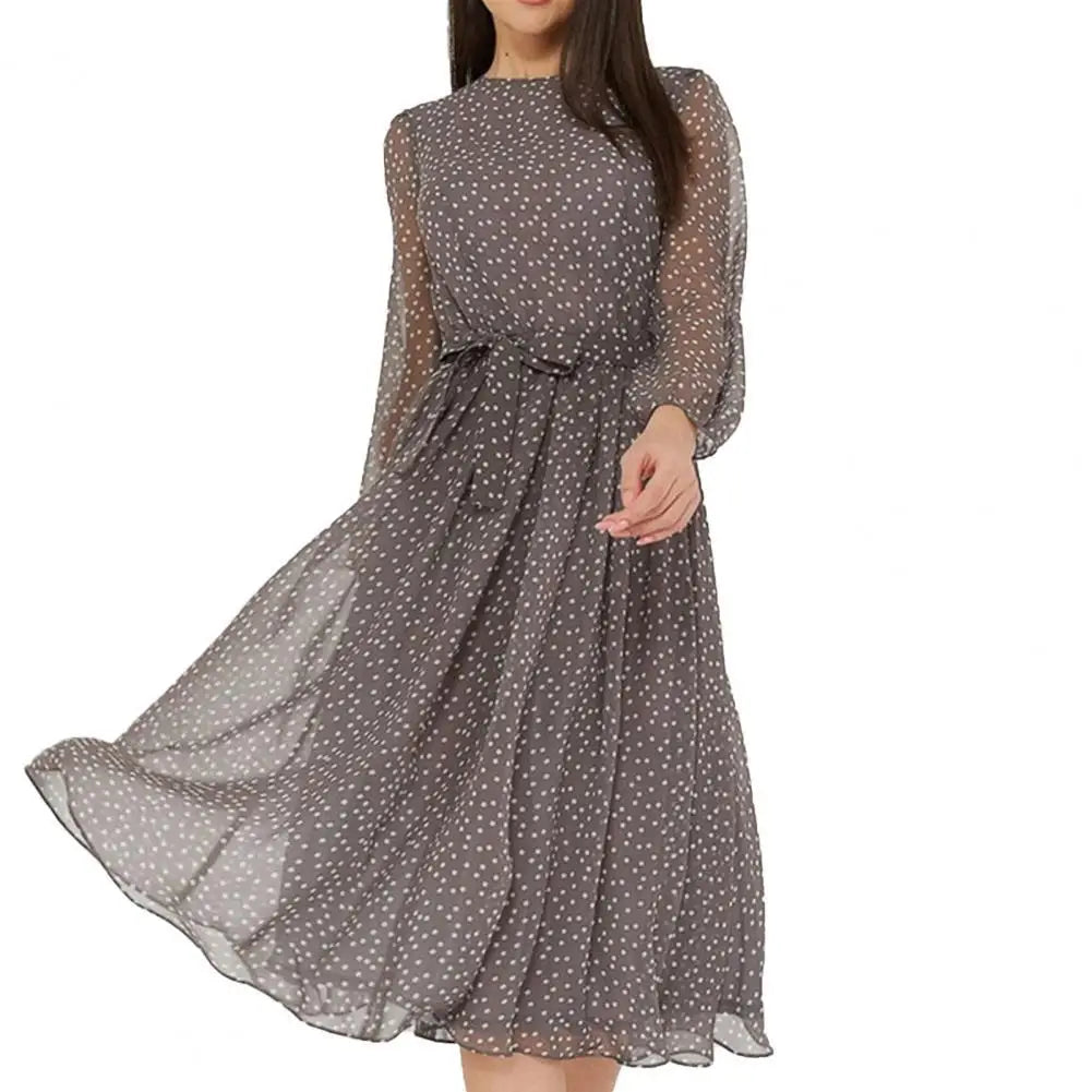 Women Dress Dot Print Lace-up Spring Summer Vintage Large Hem Loose Maxi Dress for Beach Women's Clothing Coffee