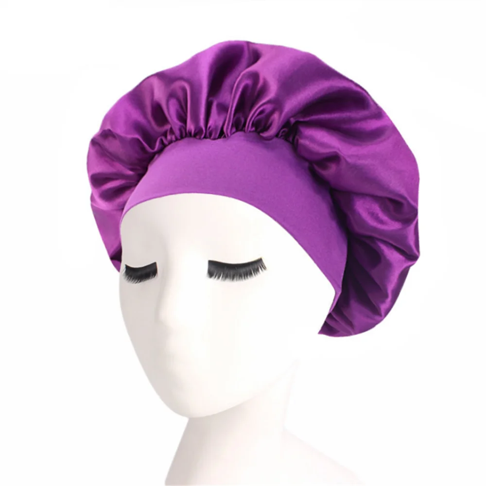 Newly Women's Satin Solid Sleeping Hat Night Hair Care Bonnet Nightcap For Women Men Unisex Cap purple