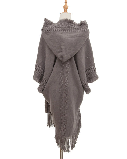 2023 Women's Hooded Shawl Warm Spring and Autumn Large Size Knit Sweater Button Hooded Cape Shawl