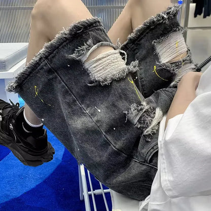 2023 Hip Hop Ripped Denim Shorts Y2K Streetwear Men Vintage Destroyed Hole Baggy Jeans Pants Fashion Summer Loose Shorts Black