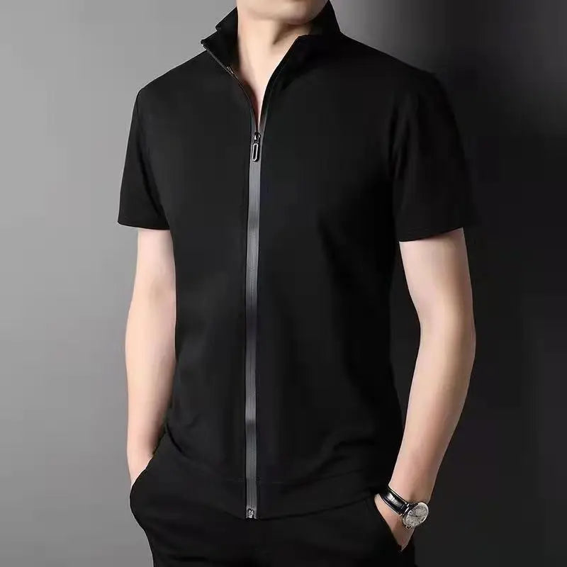 Cute 2023 Men Summer Trend Stand Collar Zipper Cardigan Shirts Solid Short Sleeve Comfortable Business Casual Top Ropa Hombre Camisas