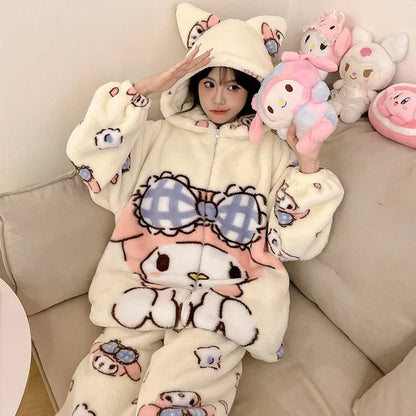 Sanrio Cartoon Hello Kitty Pajamas Female Flannel autumn Winter New Plus Thicken Velvet Sweet Keep Warm Pajamas set leisure wear