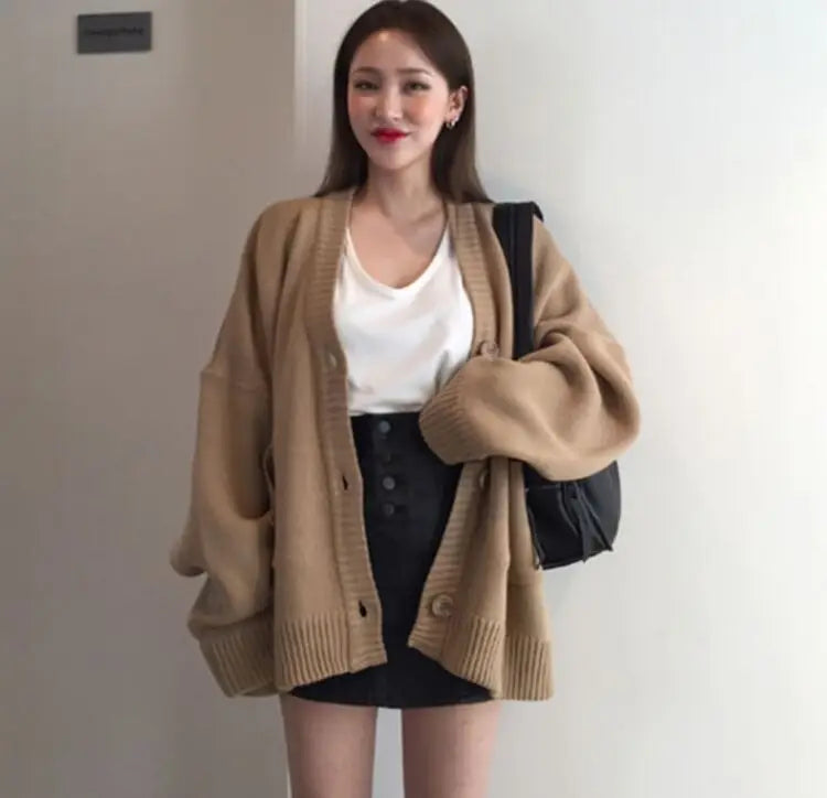 2024 Autumn Women's Sweater Fashion V-neck Vintage Knitted Cardigan Korean Loose Solid Sweaters Female