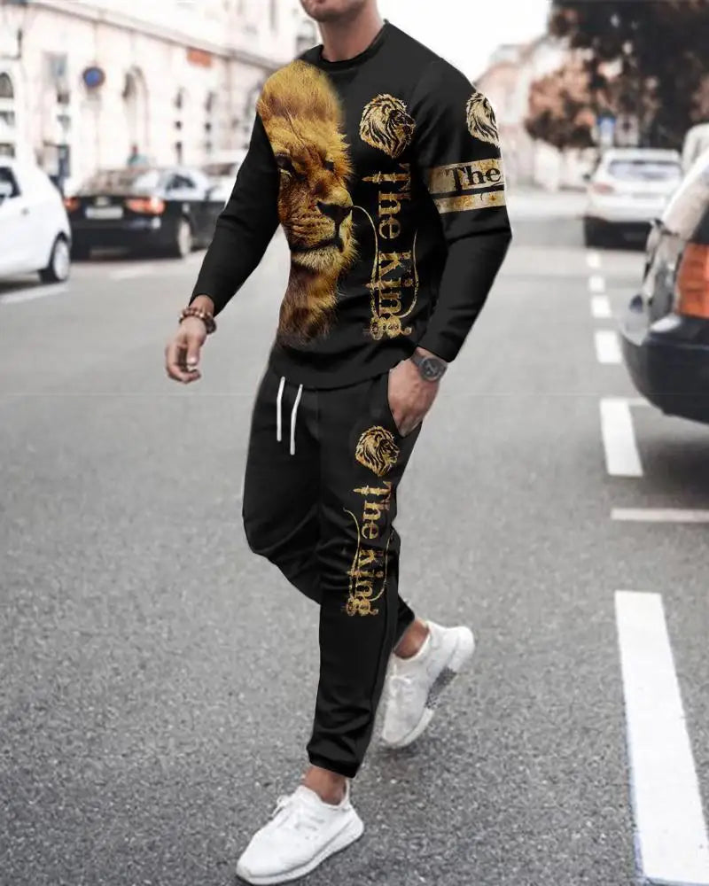 The Lion 3d Printed Men's Round Neck Tracksuit Sets Casual Long Sleeve Pants 2pcs Sets Oversized Pullover Fashion Men Clothing HHTZZ2D2315132