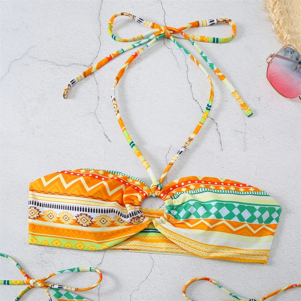 Boho Print Bikini Halter String Bandeau Swimsuit Separate Retro Trend Swimwear Y2K Beach Micro Tanga Women Vacation Bathing Suit