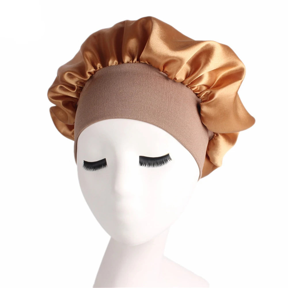 Newly Women's Satin Solid Sleeping Hat Night Hair Care Bonnet Nightcap For Women Men Unisex Cap Khaki