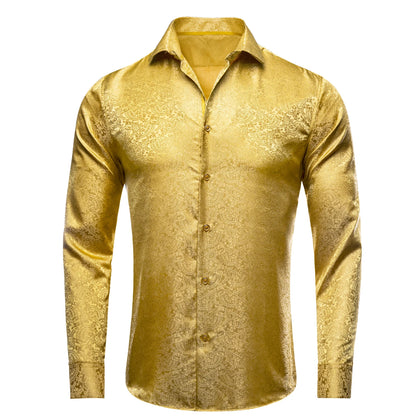 Hi-Tie Gold Luxury Mens Shirts Silk Jacquard High Quality Long Sleeve Lapel Shirt Casual Formal for Male Wedding Business Gifts